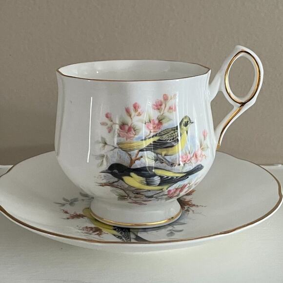 VTG Royal Dover Bone China, England, Teacup & Saucer, Yellow Birds, Pink, Floral - Picture 1 of 8